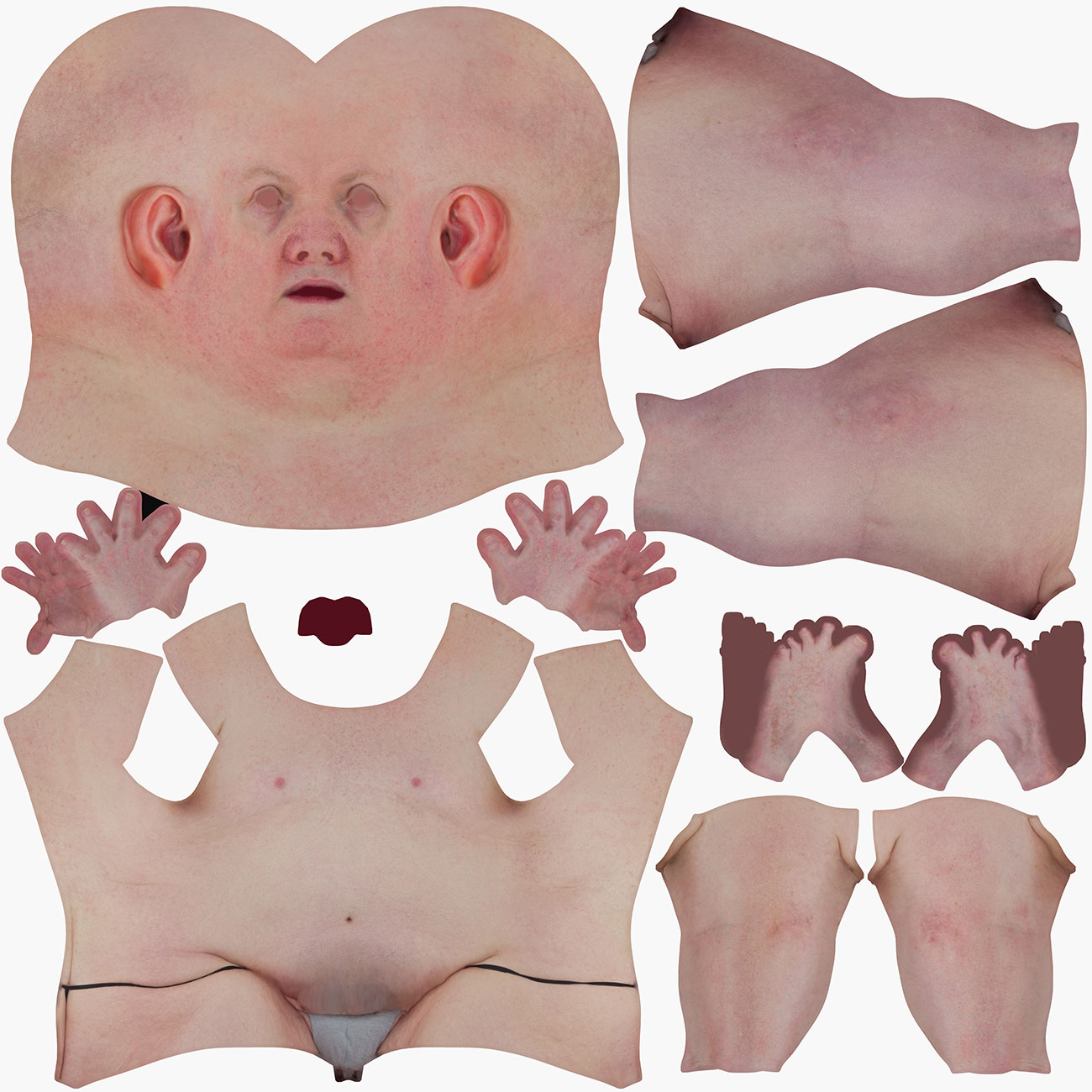 UV map layout for a heavy-set male full body 3D scan showing low-distortion texture unwrap across body and head geometry